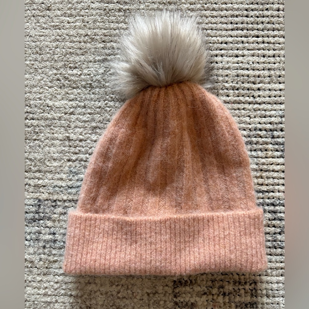 Aritzia Auxiliary Pink Knit Hat with Fluffy Pom-Pom